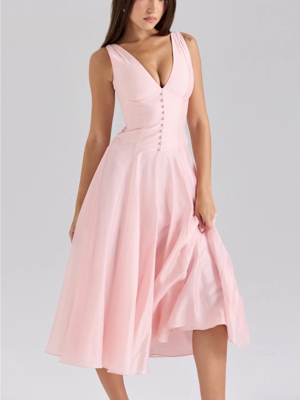 House of CB Samira pink chiffon button Midi Dress